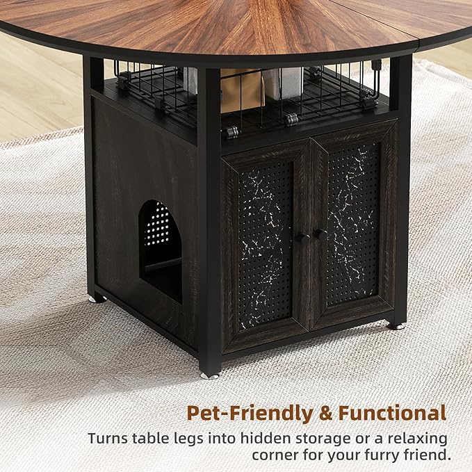 47" Round Dining Table Set for 4-6 People, Large Farmhouse Kitchen Dining Table Set with Chairs and Storage Rack, Metal Base Round Table for Home Dining Room Living Room (Cat table and 4 brown chairs)