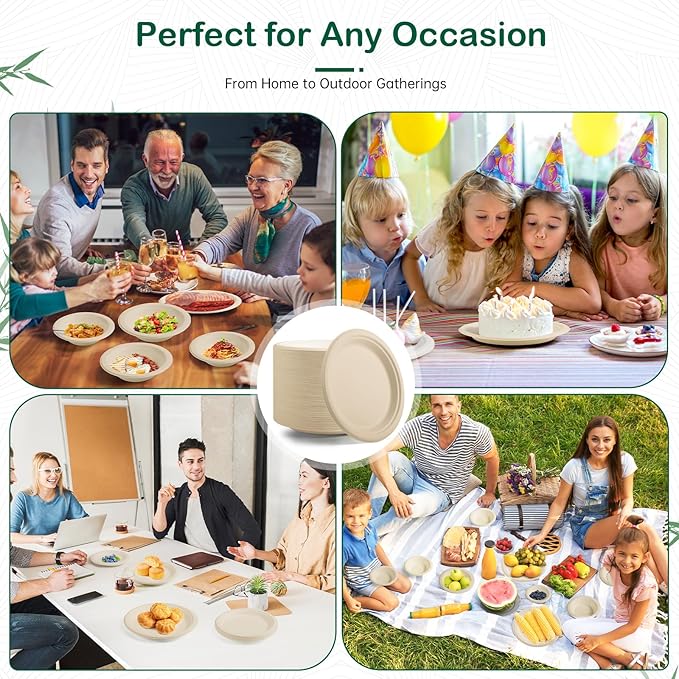 9 Inch 128 Pack Compostable Disposable Paper Plates, Dinner Plates, Heavy Duty Sugarcane Bagasse, Biodegradable Eco-Friendly, Soak Proof & Cut Resistant, Unbleached Natural