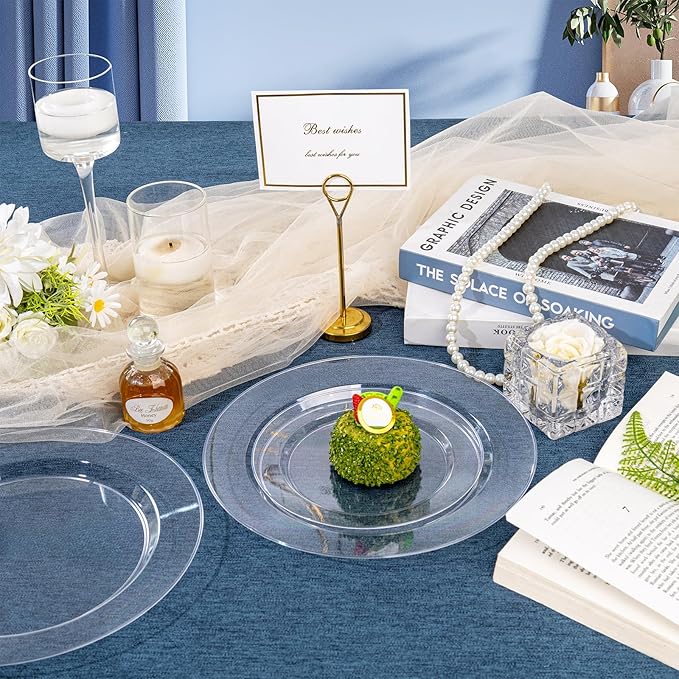 FLOWERCAT 200PCS Clear Plastic Plates Disposable Plates for Party - Heavy Duty Plastic Plates - 100 10" Dinner Plates and 100 7" Salad Plates for Weddings, New Year,Christmas Parties and Events