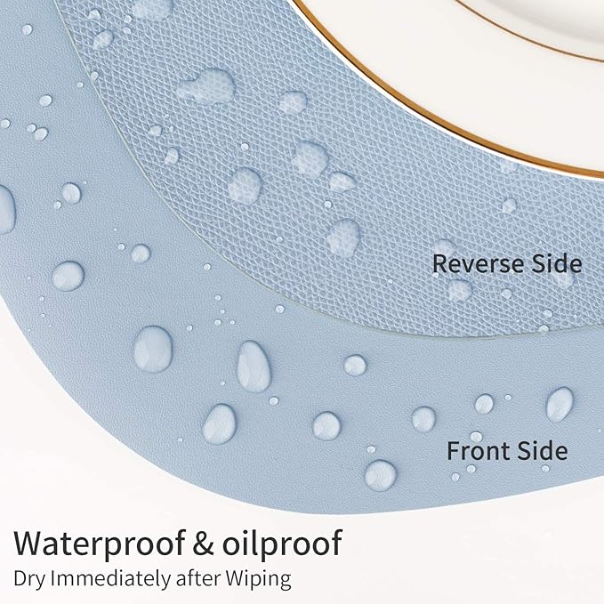 Faux Leather Heat Resistant Placemats for Dining Table Set of 2 and Coasters, Waterproof Wipeable Washable Dinner Table Mats, Easy to Clean Anti-Slip Place Mats Nordic Style, Light Blue