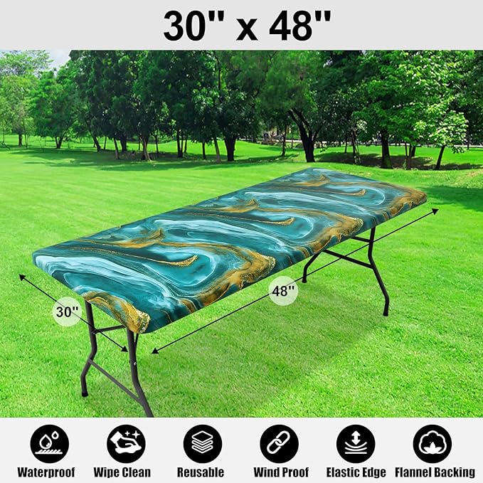 Smiry Rectangle Table Cloth Cover, Waterproof Elastic Fitted Picnic Tablecloth for 4 Foot Tables, Wipeable Flannel Backed Vinyl Tablecloths for Camping, Dining, Outdoor (Teal & Gold, 30" x 48")