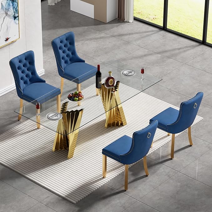 5 Piece Glass Dining Table Set,70" Dinner Room Glass Table Set for 4,Modern Kitchen Dinner Table Set with Stainless Steel Base and 4 Upholstered Velvet Dining Chairs for Living Dining Room