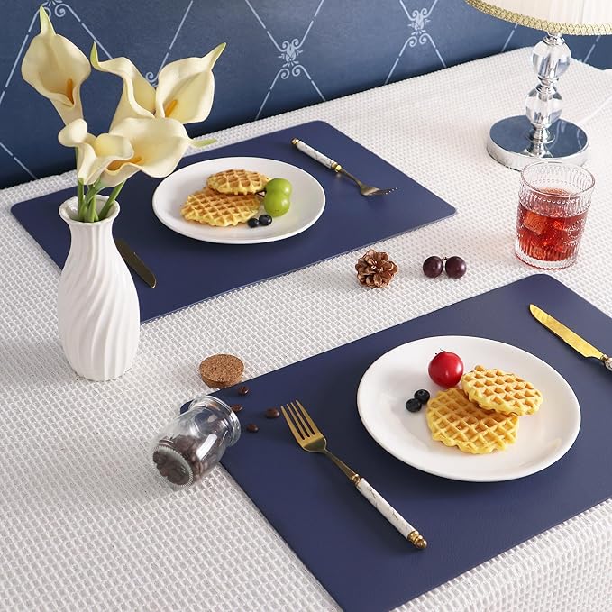 Faux Leather Placemats HeloHo Navy Blue Table Place Mats Set of 6 Waterproof Oilproof Heat Stain Resistant Washable Wipeable Placemat for Kitchen Dining Table Decoration Indoor Outdoor
