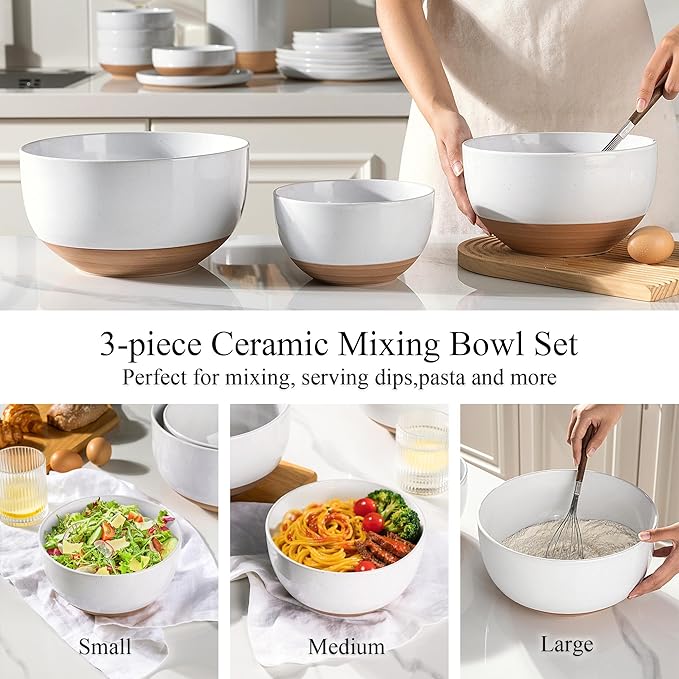AmorArc Ceramic Mixing Bowls|Nesting Bowls Set of 3 for Kitchen|Stoneware Serving Bowls with Rustic Terracotta Underside for Mixing,Cooking,Baking,Salad| Microwave & Dishwasher Safe 4.6/2.8/1.3 Qt