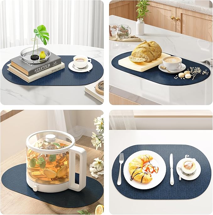 DOLOPL Placemats Set of 6, Oval Reversible Wipeable & Heat Resistant Place Mats, Modern Faux Leather Table Mats for Kitchen, Neutral Tablemats for Dining Table Decor, Wedding, Party(Navy Blue)