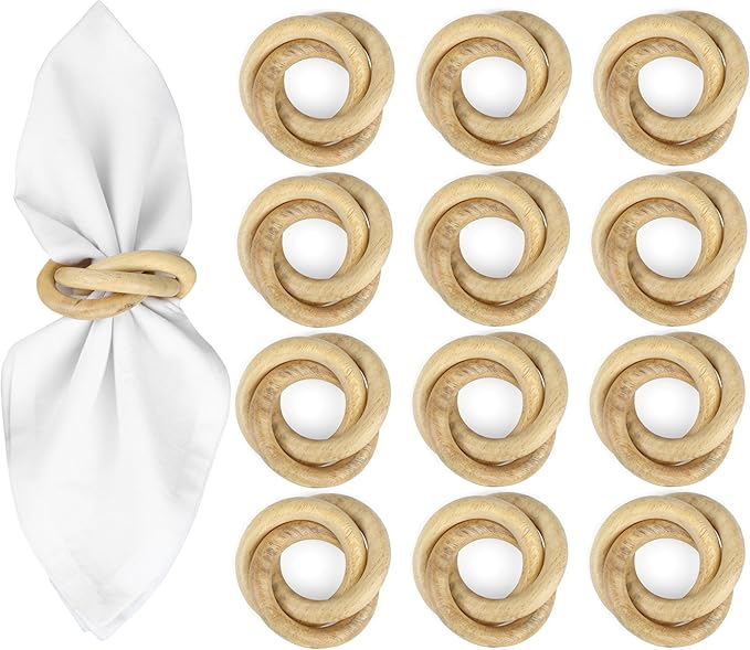 Farmhouse Napkin Ring Set of 12 - Wooden Napkin Holders for Dining Table, Everyday Use, Thanksgiving, Holiday, Christmas, Festive, Party, Gift, Décor (Shades of Brown) - CLEENTABLE