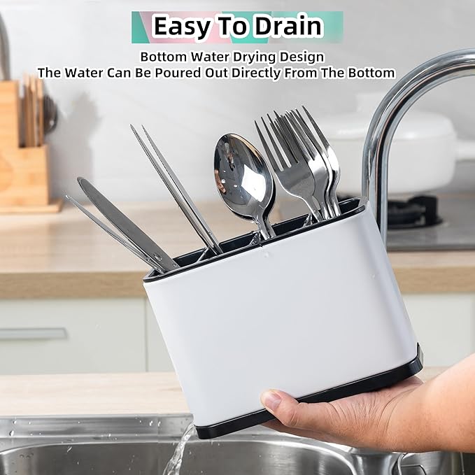 Utensil Holder,Stainless Steel Caddy Counter,Spoon holder,4 Compartments Silverware Caddy,Capacity Flatware Spoon Fork Tool Cutlery Holder（White）