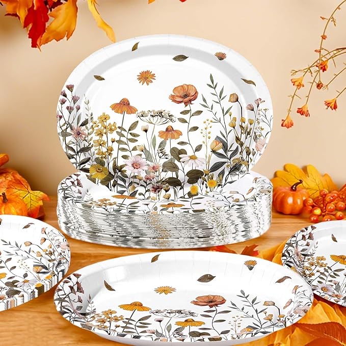 Grencian 50Pcs Spring Wildflower Oval Paper Plates 10" x 12" Large Disposable Watercolor Spring Floral Paper Plate Wildflower Birthday Decorations for Tea Lunch Dinner Birthday Party Supplies