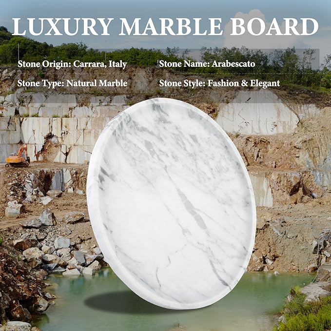 Koville Italian Natural Marble Lazy Susan, Round Marble Turntable Organizer for Spices, Rotating Cheese Board for Dining Table Display, Kitchen Countertop Spinning Serving Tray-Arabescato(White)