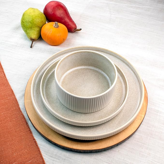 Sango 12 Pieces Stoneware Fluted Dinnerware Set, Modern Cream Dishes for 4, Premium Serving Plates and Bowls Sets, Chip & Scratch Resistant, Ceramic Kitchen Dish, Microwave & Dishwasher Safe, Anderson