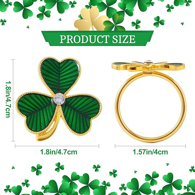 APTWOW Green St Patricks Day Shamrock Napkin Rings Set of 12 - Gold Metal Shamrock Napkin Holder, Spring Napkin Rings for St. Patrick's Day Party Wedding Table Decoration