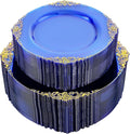 102PCS Blue Plastic Plates - Royal Gold Disposable Plates - Clear Blue Party Plate - Heavyweight Disposable Plate with Gold Rim - Fancy Dinner & Dessert Plates for 51 Guests Party Wedding