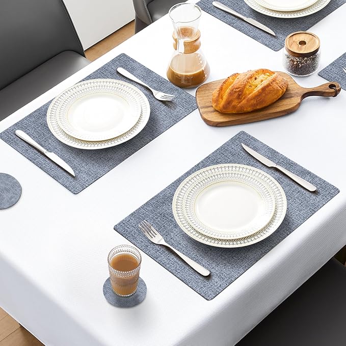 MOSAYT Faux Leather Placemats Set of 6, Heat Resistant Wipeable Washable Vinyl Place Mats with Coasters, Waterproof Oil Proof Table Mats for Kitchen Dining Party Indoor Outdoor, 12" x 17", Sky Blue