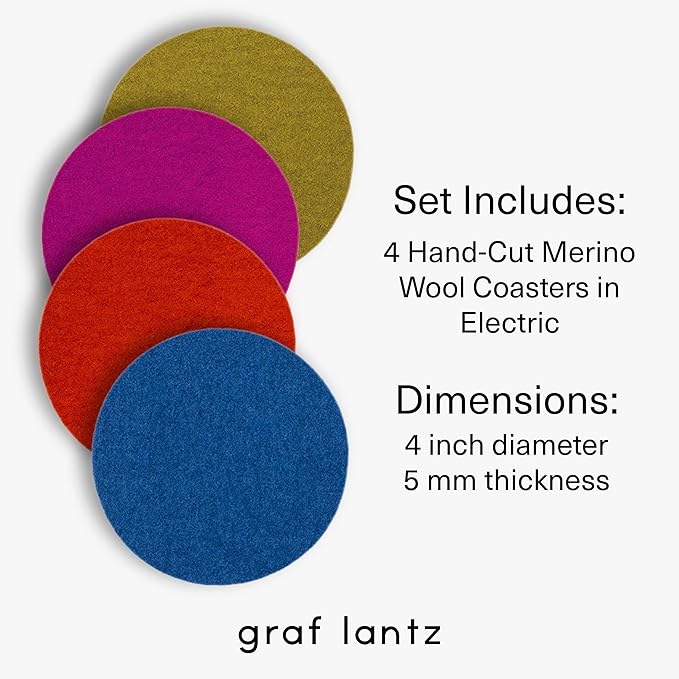 Graf Lantz - Bierfilzl Merino Wool Round Coasters Set of 4 - Electric (4" Circles) - Absorbs 30% of Weight - German Wool - Heat Resistant, Sustainable, & Reusable - Home Decor & Coffee Table Decor