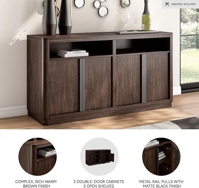 Signature Design by Ashley Kendamor Contemporary Dining Server with Open Cubby and Adjustable Shelves, Dark Brown