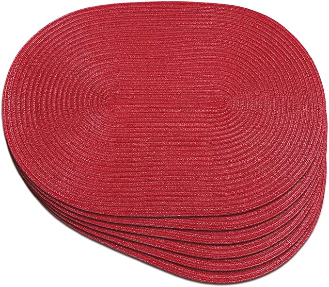 Noctiflorous Oval Braided Placemats Set of 6 Woven 12x18 Inch Non Slip Washable Heat Resistant Place Mats Round Tablemats for Dining Kitchen Party Daily Table Decor Dinner Mats (Red, 6)