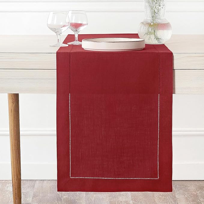 D'Moksha Homes Linen Red Table Runner 60 Inches - Classic Hemstitch, 100% Pure Linen Coffee Table Runner 14 x 60 Inch Ideal for Dresser Tables, Valentines, Spring