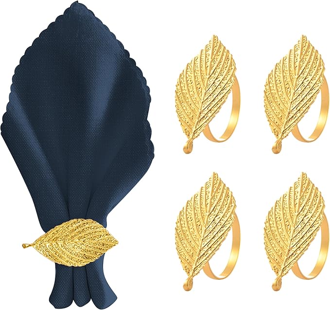 Decozen Set of 4 Gold Napkin Rings in Leaf Design, Festive, Table Decor Setting for Holiday, Wedding, Birthday, Kitchen, Home Decor, Housewarming Gift - Mothers Day Decorations