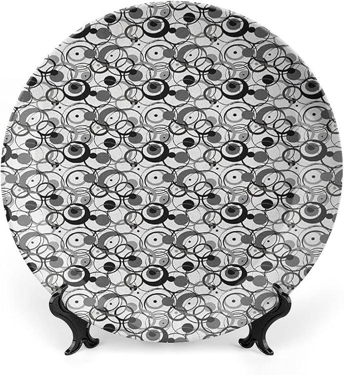 Decorative Plates, Abstract Print Ornament, Monochrome Circles Dots Surreal Geometric Modern, 8 Inch, Kitchen Wall Decor, Grey Black White