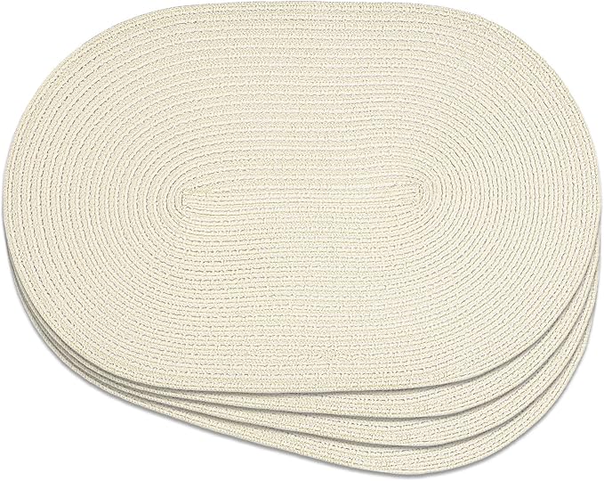 Noctiflorous Oval Braided Placemats Set of 4 Woven 12x18 Inch Non Slip Washable Heat Resistant Place Mats Round Tablemats for Dining Kitchen Party Daily Table Decor Dinner Mats (Solid Beige White, 4)