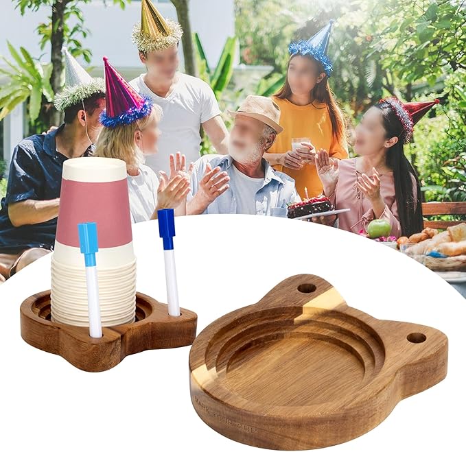 Cat Face Party Cup Holder, Scratch Resistant Drink Organizer with Marker Slots for Birthdays, Holiday Gatherings, Wooden Cup Stand Fit Variety of Disposable Cup Sizes for Kitchen Countertop, 2