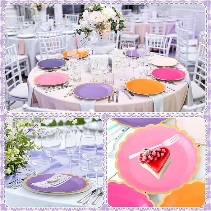 96 Pcs Pink and Purple Paper Plates 9 Inch Gradient Scalloped Paper Plates Disposable Dinner Dessert for Birthday Wedding Bridal Party Supplies, 6 Colors