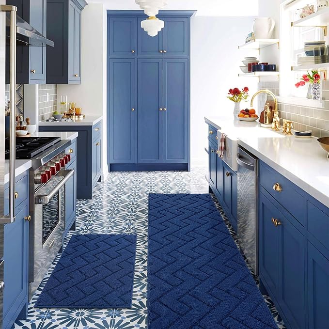 hicorfe Kitchen Runner Rug and Mats Sets,2 Pieces Super Absorbent Polypropylene Non-Slip Rug,Soft Comfort Floor Mat,Washable for Kitchen,Hallway,Office,Sink,Laundry(20" x 32"+20" x 59",Navy Blue)