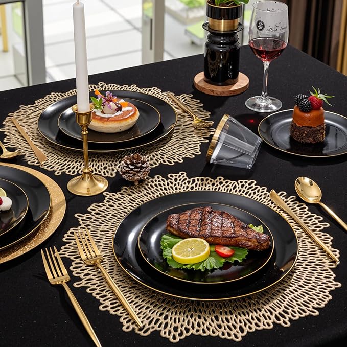 bUCLA 150PCS Black and Gold Plastic Plates - Black Gold Plastic Dinnerware Set Disposable - Include 25 Dinner / 25 Dessert Plates, 25 Knives, 25 Forks, 25 Spoons, 25 Cups, Ideal for Party & Birthday