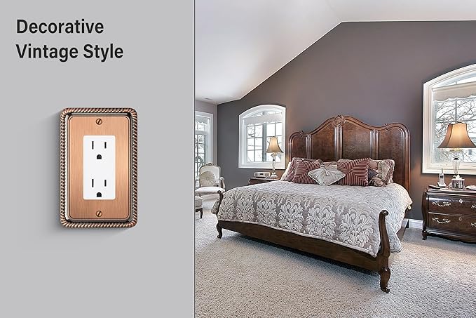 Henne Bery Rope Edge Decorative Wall Plate Switch Plate Outlet Cover (Single Decorator, 3 Pack, Antique Copper)