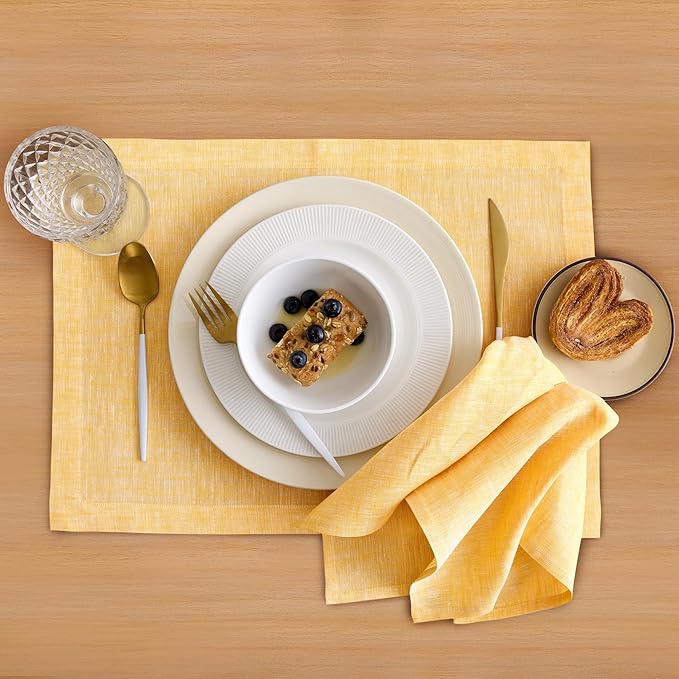 Solino Home Linen Placemats Set of 4-100% Pure Linen Chambray Mustard Yellow Cloth Placemats 14 x 19 Inch for Spring, Easter - Athena
