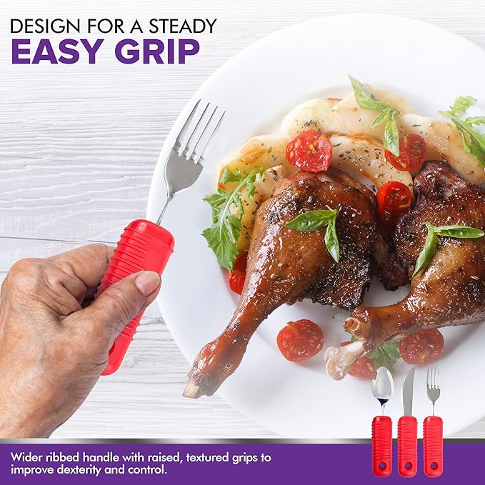 3 Piece Super Easy Grip Red Flatware Set - Bendable Built Up Large Fork, Knife, and Spoon - Red