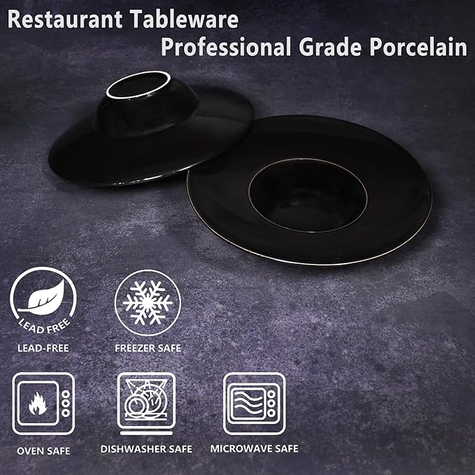 Ceramics Rimmed Soup Bowls 5.1 oz, Black 8.5 inch Exquisite small soup plate Set of 4, Pasta plates With Rim is the best choice for hotels, kitchens, fine restaurants and gourmets