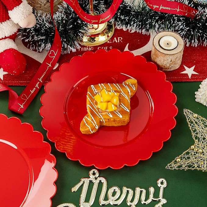 SUT 72Pcs Red Plastic Plates,10.25inch red Dinner Plates, Disposable Dinner Plates, Heavy Duty Plastic Plates, Disposable Plates,Scallop Plastic Plates for Party