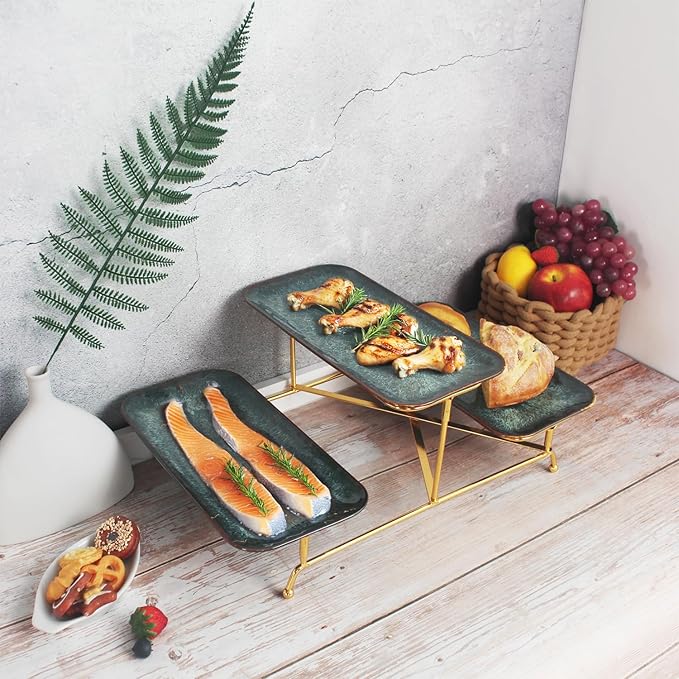 3 Tier Serving Trays for Party, 12 Inch Porcelain Serving Platters and Tiered Trays, Foldable Sturdy Gold Stand, for Food Display, Fruit, Cake Dessert, Decoration Entertaining, Black