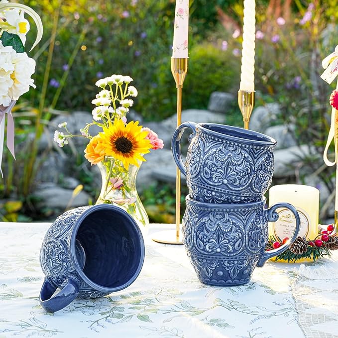 Sungmor Embossed Stoneware Fine Dining Dinnerware, Antique Baroque Style Porcelain Coffee Mugs Set of 2, 18oz Large Water Cups with Handles, Sophisticated Rustic Ceramic Mugs for Tea, Milk or Beer