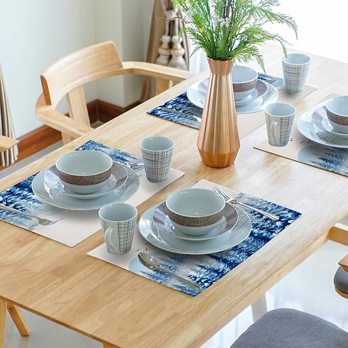 Winter Placemats Set of 4 - Blue Watercolor Xmas Tree Place Mats 12x18 Table Mats White Snow Forest Kitchen Mats for Party Dining Table