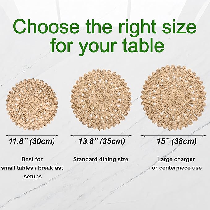 15" Set of 4 Round Corn Husk Placemats | Boho Woven Rattan Table Mats | Farmhouse Wicker Spring Plate Chargers Like Water Hyacinth, Seagrass for Wedding, Party, Christmas, Events