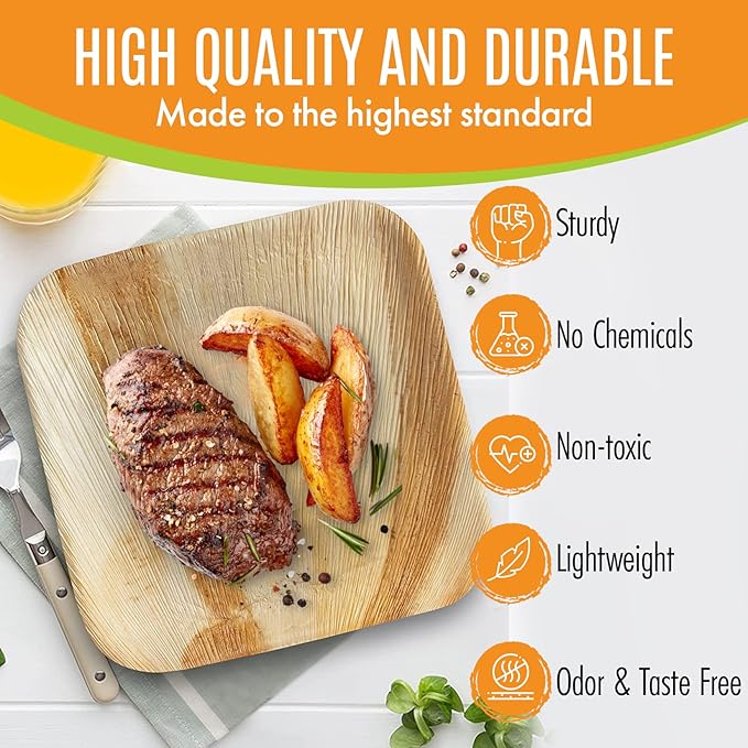 Raj Palm Leaf Plates Bulk [50-Pack] 6" Square Plates(5 CASES - 250 PACK) like Bamboo plates Disposable, Strong, Decorative Compostable Tableware for weddings, Lunch, Dinner, Birthday,Outdoor