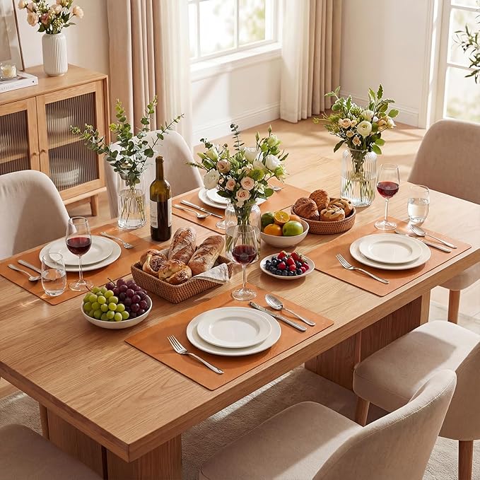 Artoid Mode Rust Faux Leather Placemats Set of 6, 12x18 Inch Waterproof Wipeable Heat Resistant Vinyl Place Mats, Reversible Table Mats for Fall Kitchen Dining Decor