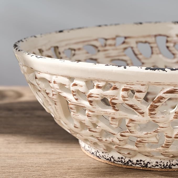 SIDUCAL Ceramic Fruit Bowl for Kitchen Counter,Decorative Fruit Basket with Holes, 10.43" Large Hollow Out Fruit Vegetable Holder Bowl for Table Decor, Beige