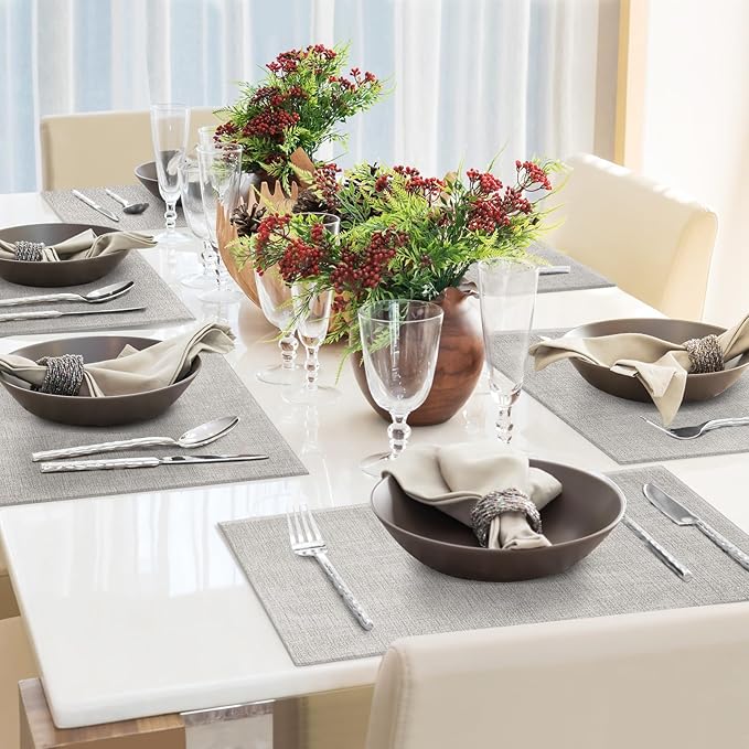 Faux Leather Placemats Set of 6 Washable PU Table mats for Kitchen Table - Heat Resistant, Waterproof, Easy Clean, Anti Slip 11.8" x 17" (Beige-6 Pack)