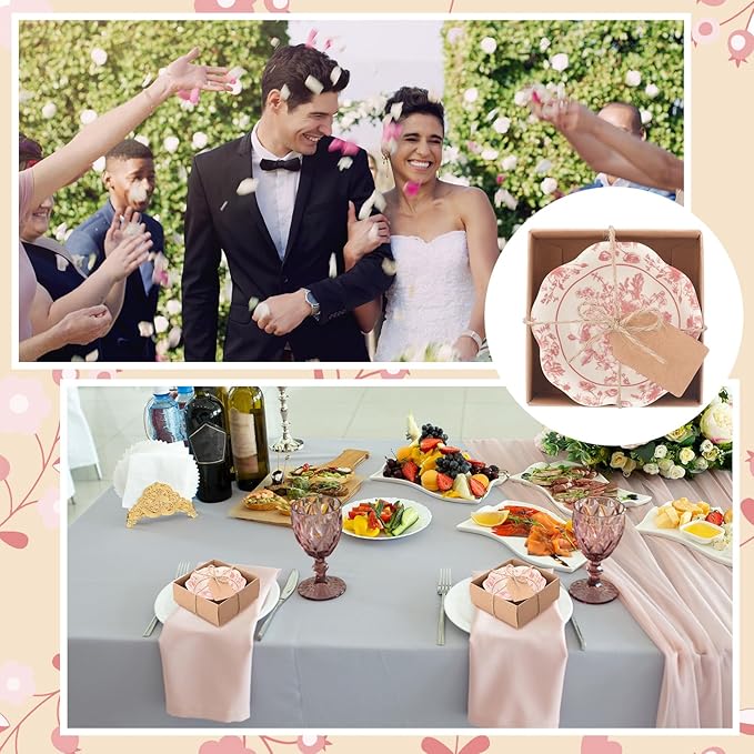 48 Pcs Wedding Favors for Guests Small Ceramic Bowl Bulk Gifts Set 3.3 Inch Floral Design Mini Dipping Sauce Dish with Card Box for Bridal Pooja Baby Shower Birthday Guest Gift (Pink)