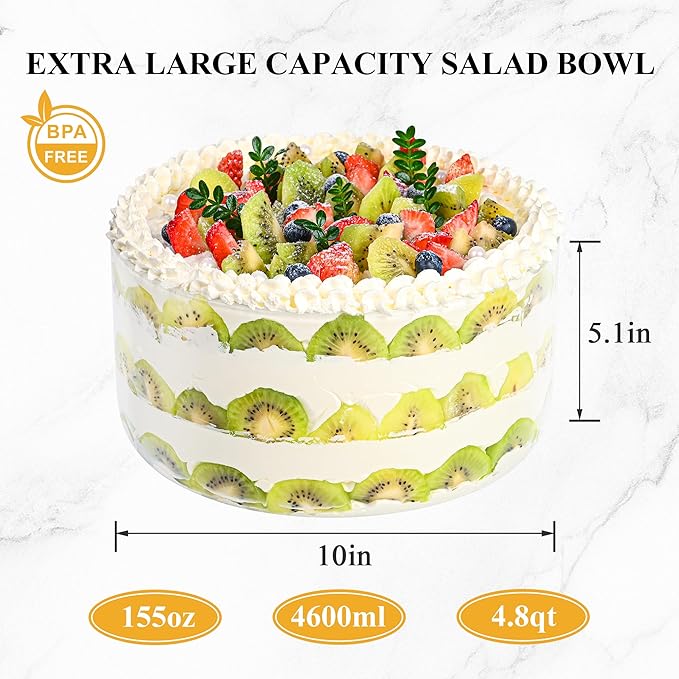 Glass Trifle Bowl with Airtight Lid, 155oz Large Salad Bowl, Glass Serving Bowl for Popcorn, Cake, Salad, Fruit, Baking, Dessert and Party Diy, BPA Free, Oven, Dishwasher Safe