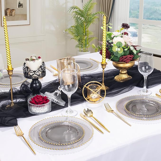 EI 60pcs Clear Black and Gold Plastic Plates Disposable Plates Heavy Duty,10.25" Dinner & 7.5" Dessert Clear Black Plate Perfect Wedding,Party,Birthday,Anniversary,Business Events