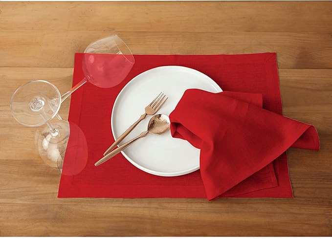 Solino Home Linen Red Placemats Set of 4-100% Pure Linen Placemats 14 x 19 Inch for Valentines, Winter - Fete