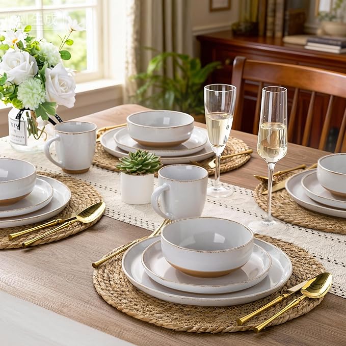 AmorArc 24 Pieces Ceramic Dinnerware Sets for 6, Handpainted Plates and Bowls Set with Rustic Terracotta Underside, Scratch Resistant Stoneware Dishes Set, Dishwasher & Microwave Safe, White