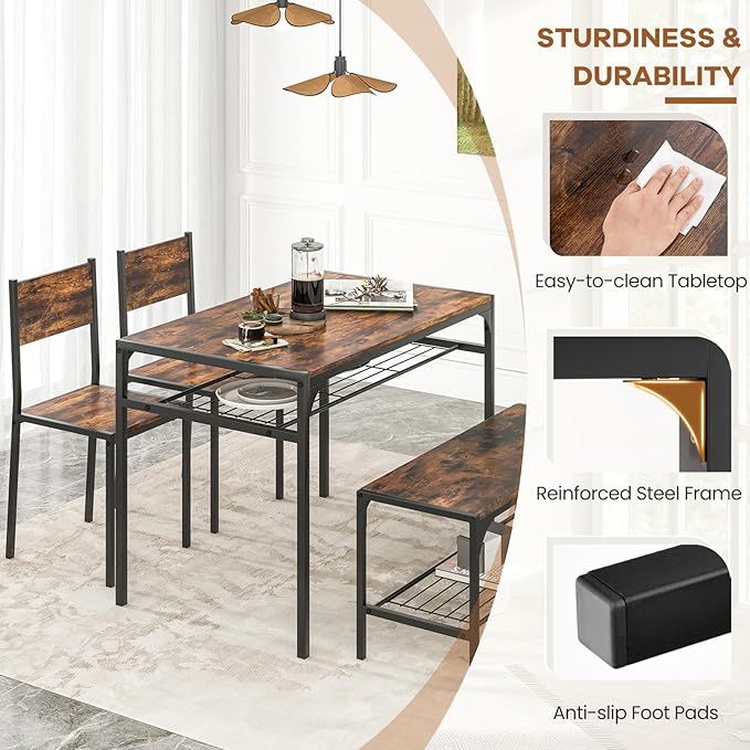 NAFORT Dining Table Set for 4, Kitchen Table with 2 Chairs and Bench, Rustic Wood Dining Set with Metal Storage Shelf, 4-Piece Space-Saving Dinette Sets for Kitchen&Dining Room, Apartment