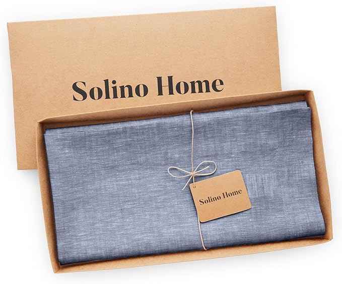 Solino Home Linen Cloth Tablecloth 52 x 52 Inch - 100% Pure Linen Chambray Indigo Square Tablecloth - Athena, Machine Washable Table Throw for Spring, Easter
