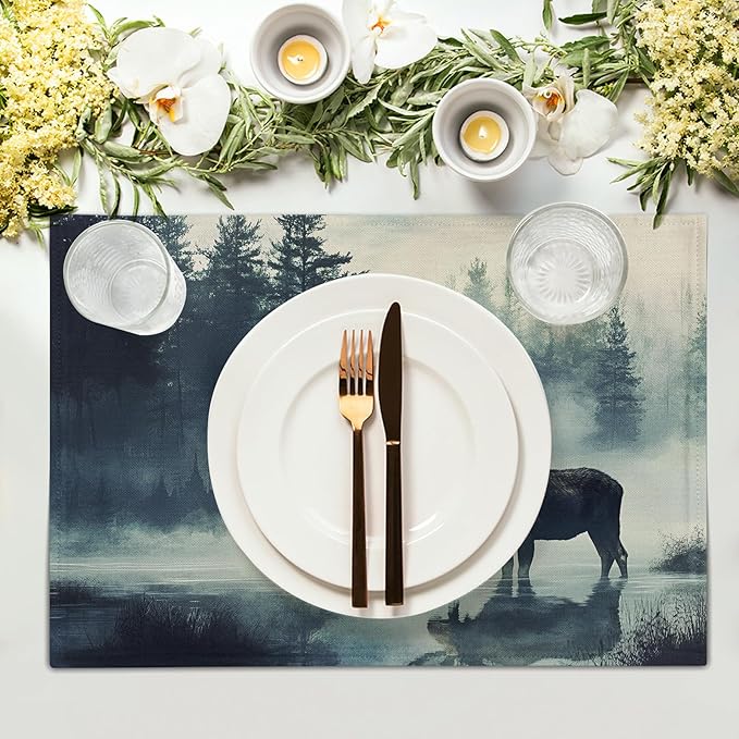 Fall Placemats Set of 4 - Moose Place Mat 12x18 Inch Autumn Forest Placemats Wildlife Table Mat for Party Kitchen