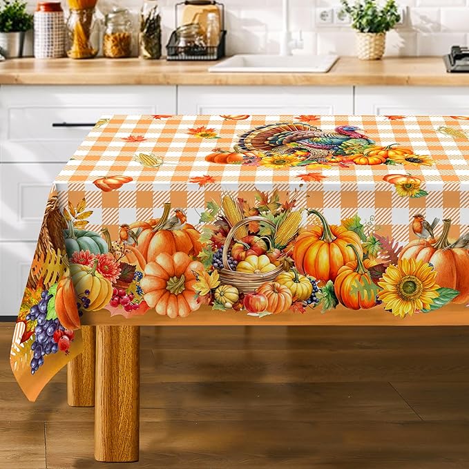Thanksgiving Tablecloth Rectangle 60 x 120 Inch, Turkey Pumpkins Table Cloth Holiday Indoor Decor for Dining Room Party